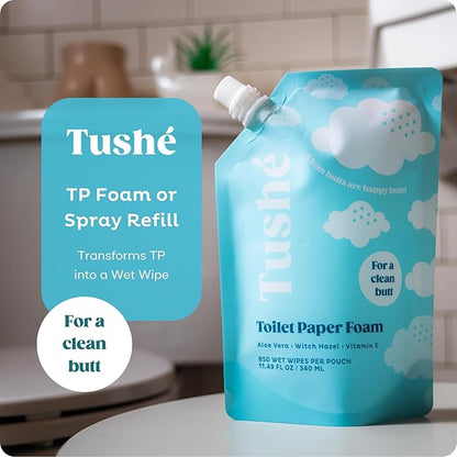 TUSHÉ Toilet Paper Foam Spray Refill – Flushable Wet Wipe Alternative for Sensitive Skin – Unscented, Septic Safe – Aloe Vera, Witch Hazel & Vitamin E – 340ml (11.49 fl oz)