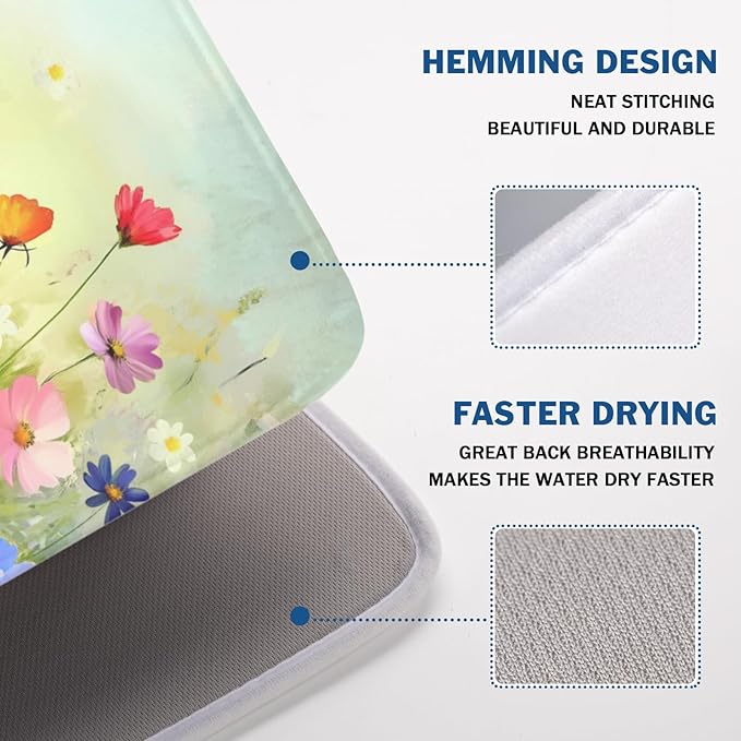 Spring Summer Daisy Dish Drying Mat 18 x 24 Inch Colourful Floral Pattern Dish Drainer Rack Mat Absorbent Microfiber Mats Holiday Dish Pad for Kitchen Coffee Dining Bar Decor