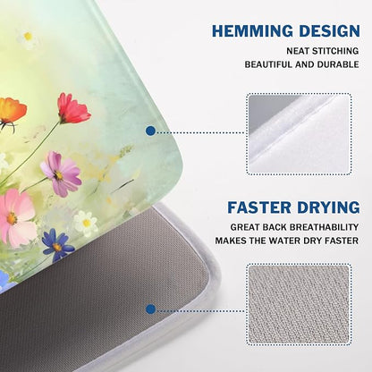 Spring Summer Daisy Dish Drying Mat 18 x 24 Inch Colourful Floral Pattern Dish Drainer Rack Mat Absorbent Microfiber Mats Holiday Dish Pad for Kitchen Coffee Dining Bar Decor