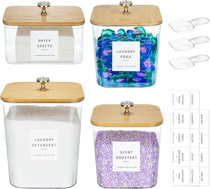 POLRAI 4 Pack Laundry Pod Containers and Dryer Sheet Holder for Laundry Room Organization Clear Jars with Lids and Labels for Laundry Detergent Laundry Pods Dry Sheet Organizing