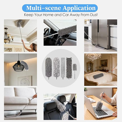 Microfiber Feather Duster Kit with Extension Pole, 7 PCS Washable Reusable Duster for Cleaning, 100'' Bendable Extendable Long Duster with Stainless Steel Pole for High Ceilings, Fans, Furniture & Car