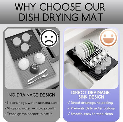 Large Premium Silicone Dish Drying Mat for Kitchen Counter - 18.5"x13" Non-Slip, Heat-Resistant (450°F) with Fast Drain & Hanging Hole, Multi-Use Kitchen Sink Drying Mat (Black)