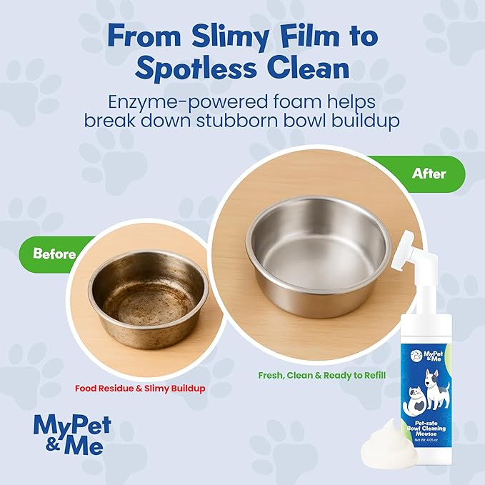 My Pet & Me Pet Bowl Cleaner Mousse, Enzyme Foaming Dog & Cat Bowl Cleaner with Built-in Brush, Rinse-Clean Pet Safe Formula for Water Fountains & Toys