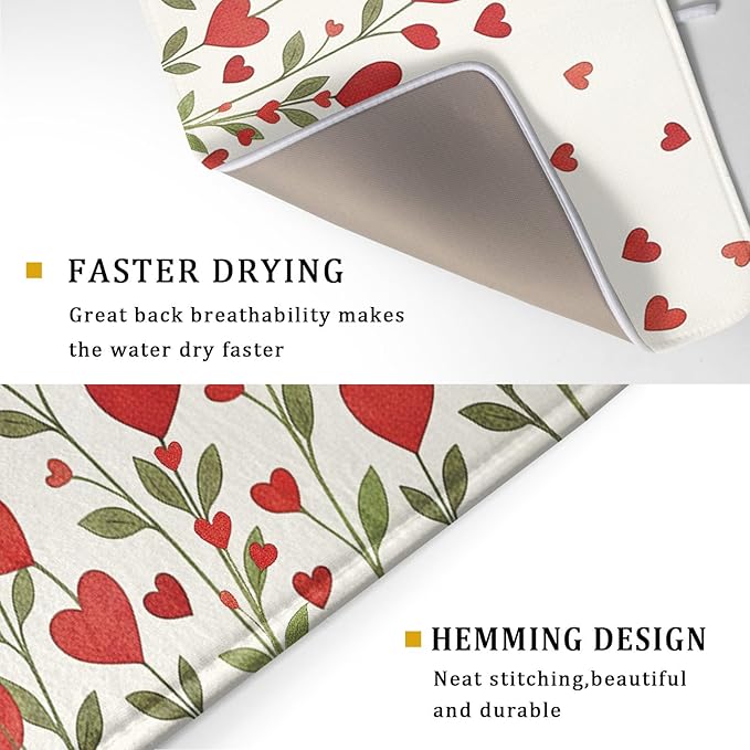 Valentine's Day Dish Drying Mat 18 x 24 Inch With Absorbent Reversible Microfiber Valentine Red Hearts Leaf Drying Anniversary Wedding Dish Drainer Mat Fast Dry For Kitchen Dining Room Decor