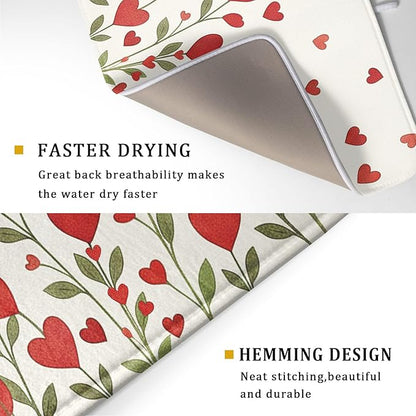 Valentine's Day Dish Drying Mat 18 x 24 Inch With Absorbent Reversible Microfiber Valentine Red Hearts Leaf Drying Anniversary Wedding Dish Drainer Mat Fast Dry For Kitchen Dining Room Decor