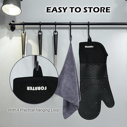 Silicone Oven Mitts 15'' Heat Resistant Flexible Oven Glove Set Hot Mitts with Soft Cotton Lining for Cooking, Baking, and Grilling (Black Mitts+potholders+Kitchen Towels, 15'')