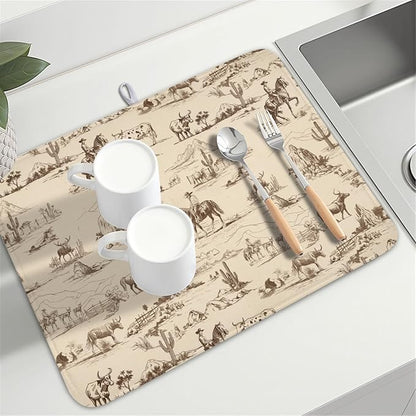 Cowboy Dish Drying Mat 24x18 Inch, West Drying Mat with Absorbent Reversible Microfiber, Cactus Dish Drainer Mats Summer Western Rack Pad for Coffee Countertop Kitchen Protector