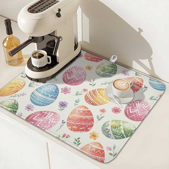 Easter Dish Drying Mat for Kitchen Counter Colorful Easter Eggs Floral Pattern Drying Mat 16x18 Inch Spring Holiday Absorbent Dish Drainer Mat Kitchen Accessories