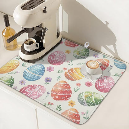 Easter Dish Drying Mat for Kitchen Counter Colorful Easter Eggs Floral Pattern Drying Mat 16x18 Inch Spring Holiday Absorbent Dish Drainer Mat Kitchen Accessories