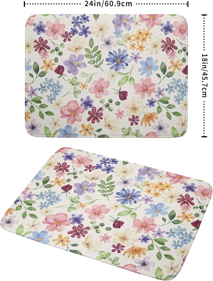 Spring Floral Dish Drying Mat for Kitchen Counter 18x24 Easter Green Pink Purple Blue Cute Flower Print Absorbent Reversible Microfiber Drying Mats Kitchen Countertop Protector Dishes Drainer Pad