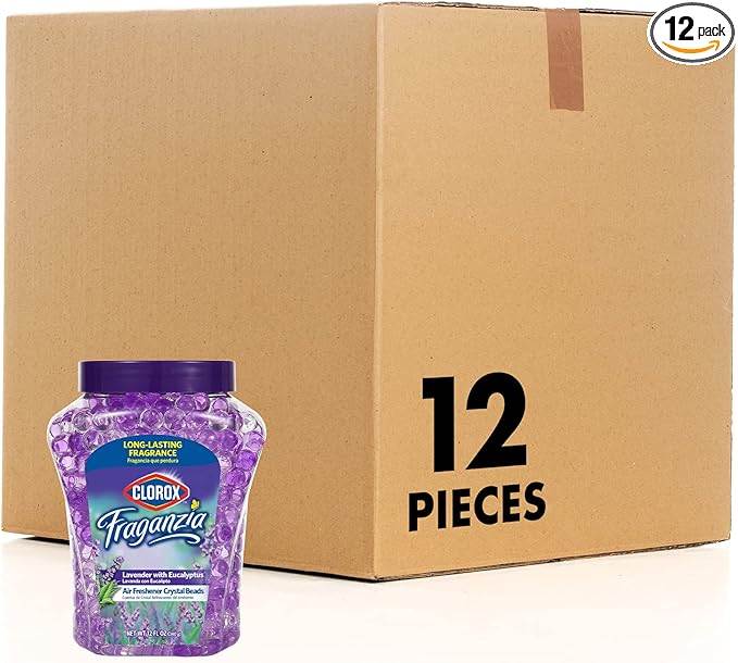 Clorox Fraganzia Crystal Beads Air Freshener, Long Lasting Room Deodorizer and Odor Eliminator Gel Beads to Freshen Home, Car, or Office, Lavender with Eucalyptus Scent, 12 Fl Oz - 12 Pack