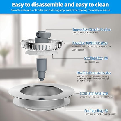 Hibbent 3 in 1 Kitchen Sink Drain Strainer, Stainless Steel Wrapped Shell Drain Stopper Combo, Pop Up Sink Stopper, 3 Anti-Clogging Metal Basket Strainer with Handle for US Standard 3-1/2" Drain