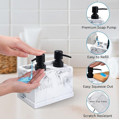 Kitchen Soap Dispenser Set,with Liquid Hand and Dish Soap,Sponge Holder and Brush Holder 4-in-1 Dual Soap Dispenser Set for Kitchen Sink, Bathroom - Artificial White Marble Look