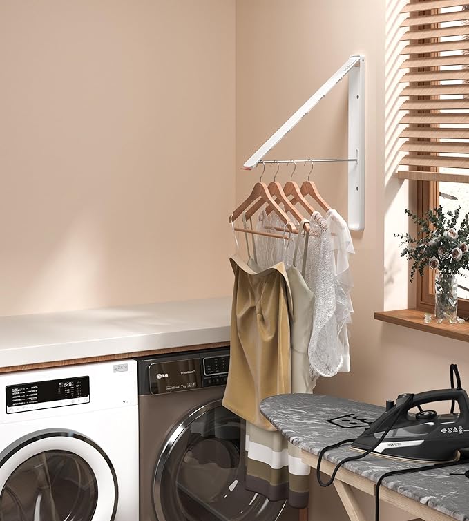 Dr.DJ Clothes Drying Rack Wall Mounted, Retractable & Foldable Clothes Hanger for Laundry Room Organization and Storage, Clothes Hanger Rack for Dorm, Closet, Balcony, Laundry Room(1P, Metal, White)