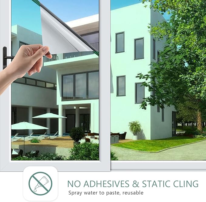 Filmgoo Window Privacy Film One Way Daytime Mirror Tint Treatments UV Heat Control Vinyl Stickers Sun Block Glass Paper Door Covering Reflective,Green Silver,17.5 Inch x 7.8 Feet