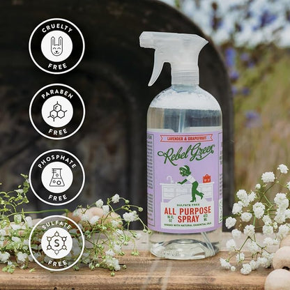 Rebel Green Natural All-Purpose Cleaning Spray - Essential Oil Multi-Surface Cleaner - Kid Safe, Pet Safe & Sustainable Cleaning Products - Lavender & Grapefruit Scent - (16 Ounce Bottles, 4 Pack)