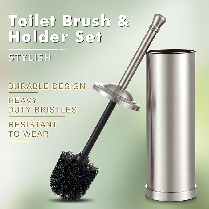 Brushed Nickel Toilet Brush and Holder Set,304 Stainless Steel Toilet Bowl Brush and Holder for Bathroom,Silver Heavy Duty Toilet Brush,Durable Scrubbing Bristles,Splash Resistant,Long Handle
