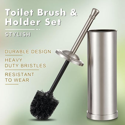 Brushed Nickel Toilet Brush and Holder Set,304 Stainless Steel Toilet Bowl Brush and Holder for Bathroom,Silver Heavy Duty Toilet Brush,Durable Scrubbing Bristles,Splash Resistant,Long Handle