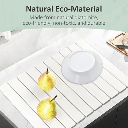 Large Stone Dish Drying Mat for Kitchen Counter, 24"×16" Collapsible Quick Drying Dish Mat, Eco-friendly, Ultra Absorbent Diatomaceous Earth Mats for Dishes Cookware Cups, Match Any Countertop