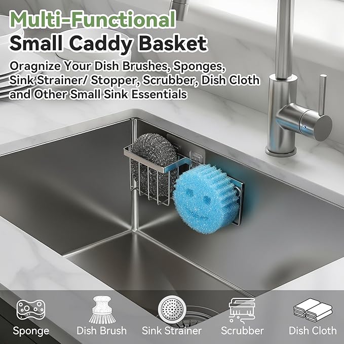[Space Saving] Sponge Holder for Kitchen Sink, Great for Scrub Daddy / Scrub Mommy Sponges, Rust-proof Sink Sponge Caddy Organizer for Dish Brush, Scrubber - 2 Mounting Options (Suction Cups & Hooks)