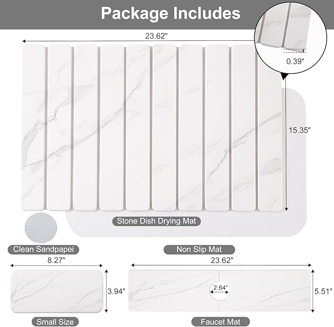 3 PCS Large Stone Dish Drying Mat for Kitchen Counter, Quick Dry Stone Dishes Mats, Sink Faucet Mat, Marble Water Absorbing Diatomaceous Earth Drying Pad for Countertop Tableware, Bottles