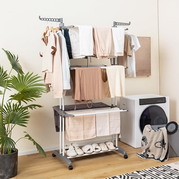 GOFLAME 4-Tier Clothes Drying Rack, Collapsible Clothes Horse Rack with Rotatable Side Wings and Foldable Shelves, Freestanding Garment Dryer Stand with Casters for Indoor and Outdoor Use, Grey
