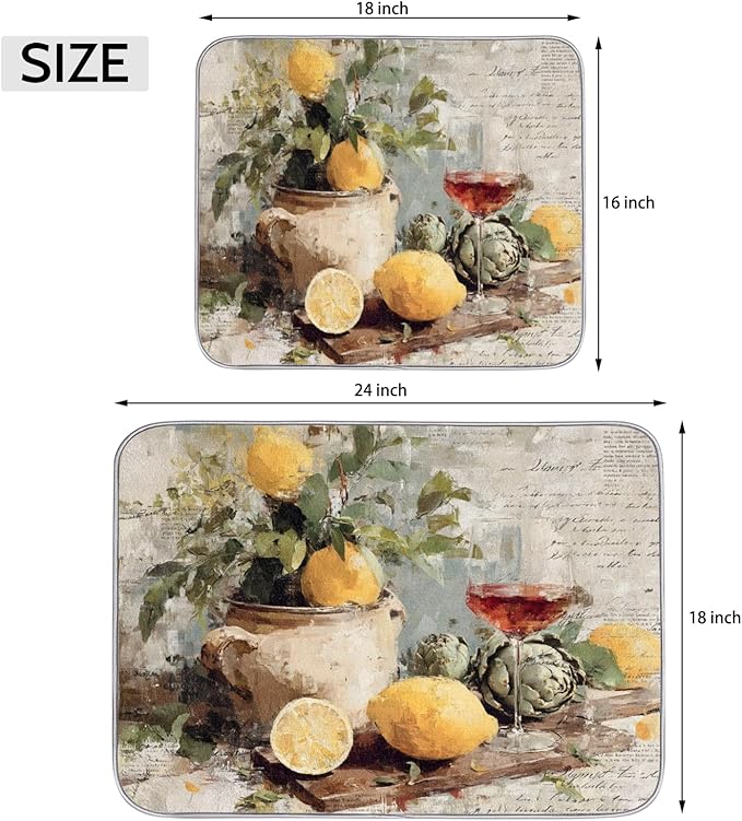 Dish Drying Mats with Hanging Loop for Kitchen Counter - Super Absorbent & Microfiber Sink Dry Mat with Vintage Lemon Paisley Floral, Non-Slip Backing, Dishes, Sink, Countertop Protection 18"x24"