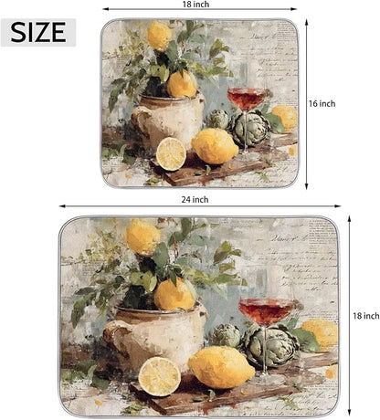 Dish Drying Mats with Hanging Loop for Kitchen Counter - Super Absorbent & Microfiber Sink Dry Mat with Vintage Lemon Paisley Floral, Non-Slip Backing, Dishes, Sink, Countertop Protection 18"x24"