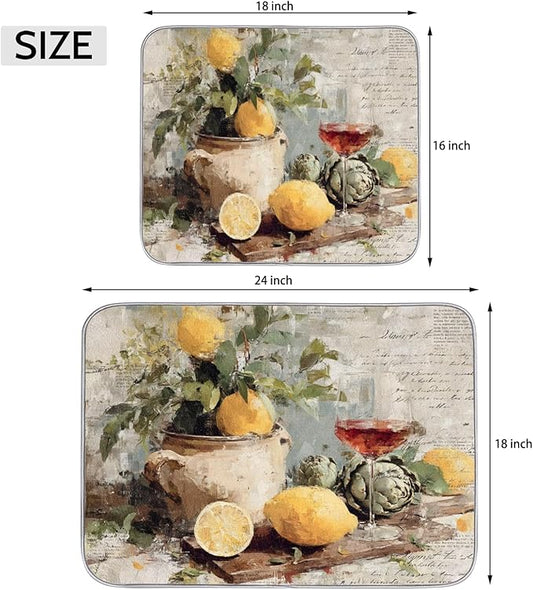 Dish Drying Mats with Hanging Loop for Kitchen Counter - Super Absorbent & Microfiber Sink Dry Mat with Vintage Lemon Paisley Floral, Non-Slip Backing, Dishes, Sink, Countertop Protection 18"x24"