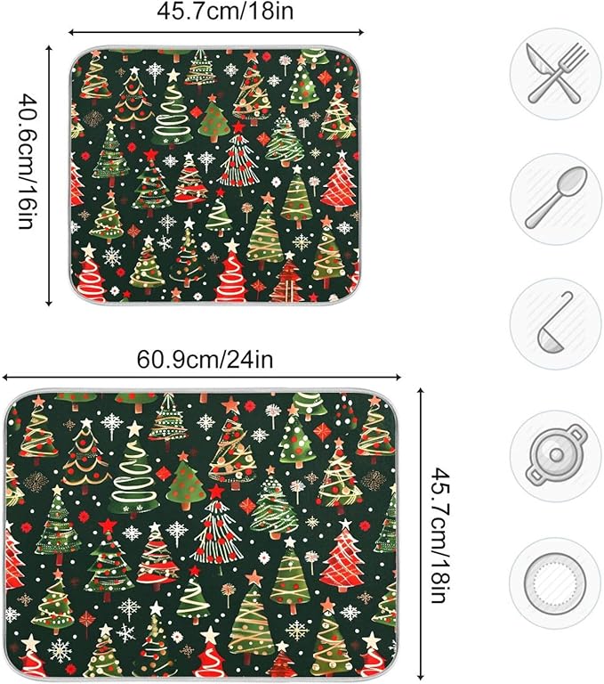 Christmas Tree Green Dish Drying Mat for Kitchen Counter Absorbent Microfiber Drying Pad, Medium 16x18 in