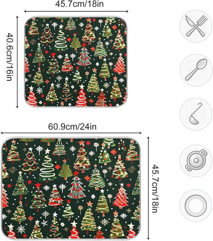 Christmas Tree Green Dish Drying Mat for Kitchen Counter Absorbent Microfiber Drying Pad, Medium 16x18 in