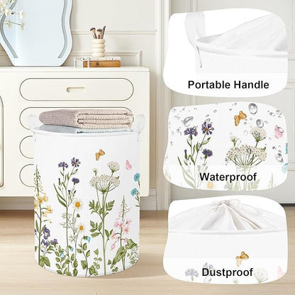 Colourful Flowers Laundry Hamper Large Storage Basket Floral Collapsible Adult Organizer Kids Clothes Toys Bins for Bedroom, Bathroom, Butterfly, 63L