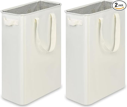 efluky Slim Laundry Basket, Narrow Laundry Hamper with Handles, Collapsible Dirty Clothes Hamper, Tall Laundry Bin for Laundry Room, Dorm and Bedroom, 12.7 Gallons(48L) Beige (Pack of 2)
