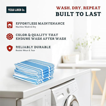 TEXAS LINEN CO. American Stripe Kitchen Towels 100% Cotton Pack of 6, Highly Absorbent Quick Drying, Soft Dish Towels 20x30 Inch for Kitchen w Hanging Loop, Hand & Tea Towel - Turquoise Blue & White