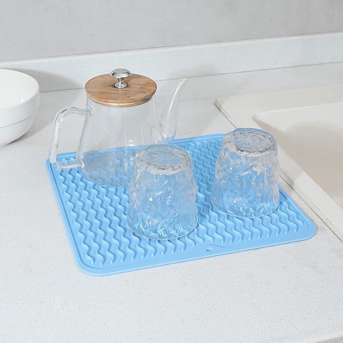 MicoYang Silicone Dish Drying Mat for Multiple Usage,Easy clean,Eco-friendly,Heat-resistant Silicone Mat for Kitchen Counter or Sink,Refrigerator or Drawer liner Light Blue M 12 inches x 12 inches