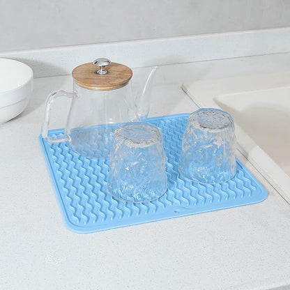 MicoYang Silicone Dish Drying Mat for Multiple Usage,Easy clean,Eco-friendly,Heat-resistant Silicone Mat for Kitchen Counter or Sink,Refrigerator or Drawer liner Light Blue M 12 inches x 12 inches