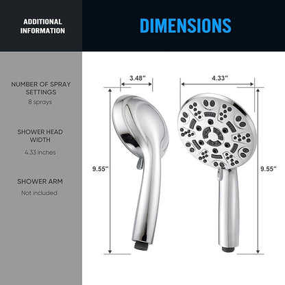 Cobbe 8-Setting Handheld Shower Head with High Pressure Shower Heads - Bathroom Showerhead Set - Detachable Showerhead with 5ft Stainless Steel Hose and Brass Swivel Bracket (Chrome)