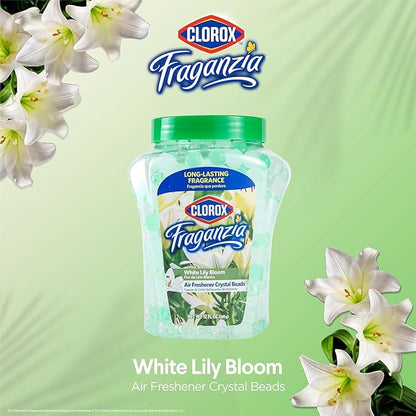 Clorox Fraganzia Crystal Beads Air Freshener, Long Lasting Room Deodorizer and Odor Eliminator Gel Beads to Freshen Home, Car, or Office, White Lily Bloom Scent, 12 Fl Oz - 12 Pack