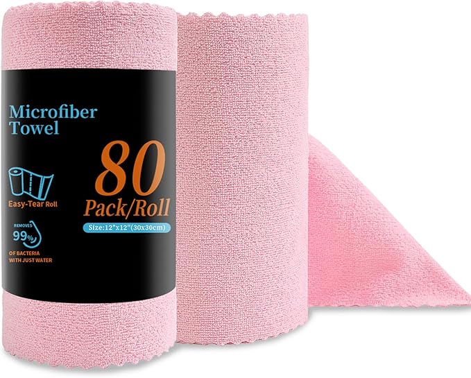 Jessy Home 80 Pack Reusable Paper Towels Pink Microfiber Cleaning Cloth Roll 12"x12" Microfiber Towels, Tear Away Cloth for Cars,Wash Cloths,Lint Free Rags for House,Kitchen,Window,Cleaning Supplies