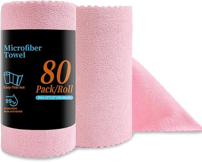 Jessy Home 80 Pack Reusable Paper Towels Pink Microfiber Cleaning Cloth Roll 12"x12" Microfiber Towels, Tear Away Cloth for Cars,Wash Cloths,Lint Free Rags for House,Kitchen,Window,Cleaning Supplies