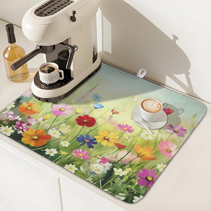 Spring Summer Daisy Dish Drying Mat 16 x 18 Inch Colourful Floral Pattern Dish Drainer Rack Mat Absorbent Microfiber Mats Holiday Dish Pad for Kitchen Coffee Dining Bar Decor