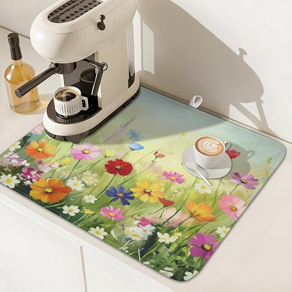 Spring Summer Daisy Dish Drying Mat 16 x 18 Inch Colourful Floral Pattern Dish Drainer Rack Mat Absorbent Microfiber Mats Holiday Dish Pad for Kitchen Coffee Dining Bar Decor