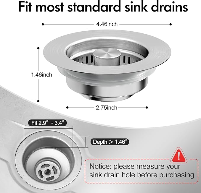 3 in 1 Kitchen Sink Drain Strainer & Sink Stopper, 304 Stainless Steel Pop Up Sink Drain Stopper with Anti-Clogging Basket for US Standard (Silver)