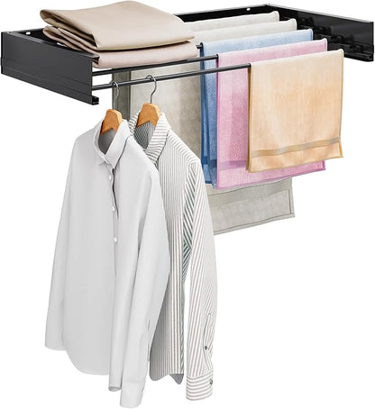APEXCHASER Wall Mounted Clothes Drying Rack, 32'' Laundry Drying Rack Retractable, Towel Racks for Bathroom Balcony Laundry Room Wall Mount, Foldable Drying Rack for Clothing, Black