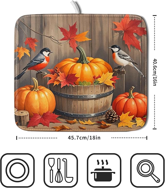 Fall Dish Drying Mat for Kitchen Counter 16x18 Autumn Pumpkin Birds Harvest Theme Thanksgiving Absorbent Reversible Microfiber Drying Mats Kitchen Countertop Protector Dishes Drainer Pad