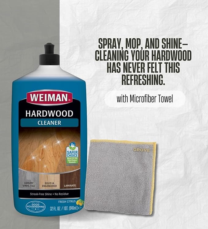 Weiman Professional Citrus Scent Hardwood Floor Cleaner Liquid 32 oz Bundle with Microfiber Cloth – Cleans and Shines Wood, Laminate, and Tile Floors – Gift Set (2 Items)