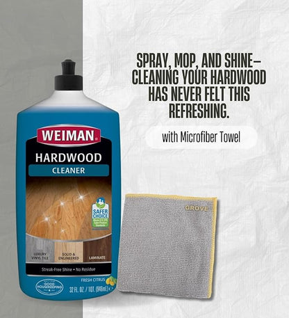 Weiman Professional Citrus Scent Hardwood Floor Cleaner Liquid 32 oz Bundle with Microfiber Cloth – Cleans and Shines Wood, Laminate, and Tile Floors – Gift Set (2 Items)