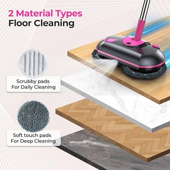ScrubWiz Cordless Electric Mop, Electric Spin Mop with Water Spray, Powerful Floor Cleaner, Super Quiet Cleaning & Waxing, Pink and Black