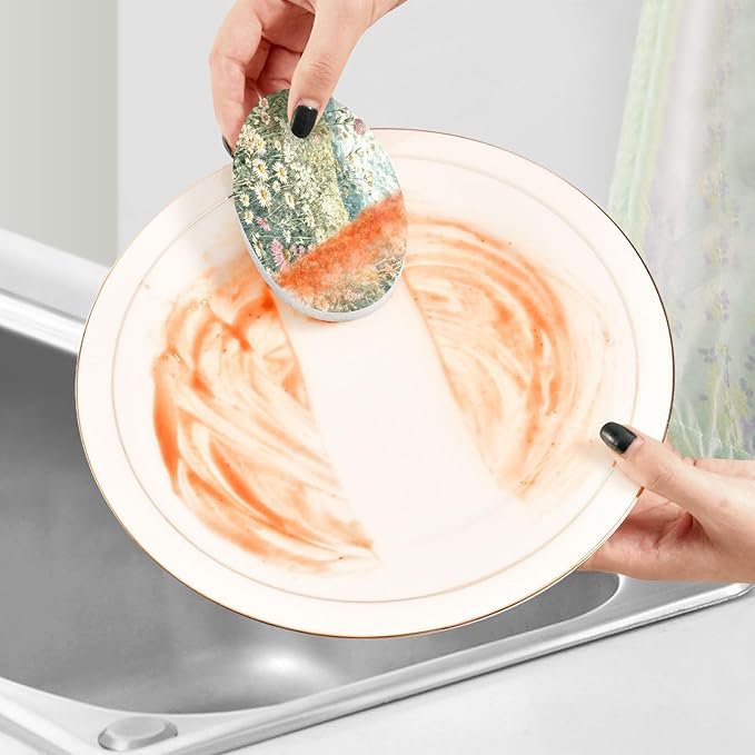 Herbal Wildflower Kitchen Scrub Sponges, Pop-up Kitchen Cleaning Sponges Reusable Dish Washing Sponges for Bathroom Household Cleaning 3 Pack - Non Scratch Scrubber
