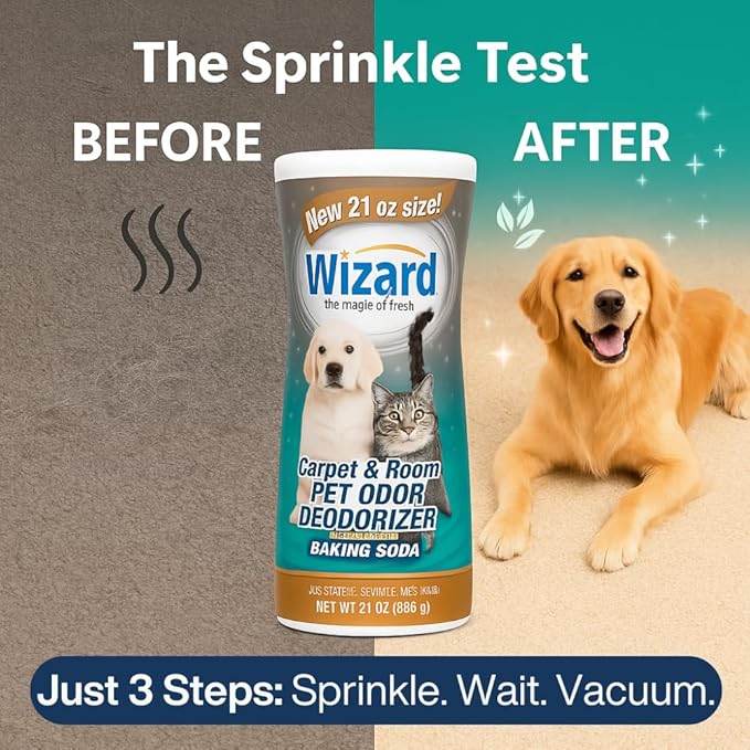 Wizard Carpet Deodorizer with Baking Soda, Pet Odor Eliminator Carpet Freshener Powder, Odor Absorber & Room Deodorizer, Carpeting Powder Fresh Scent – 3 Pack, 21 oz per Bottle (63 Ounces)